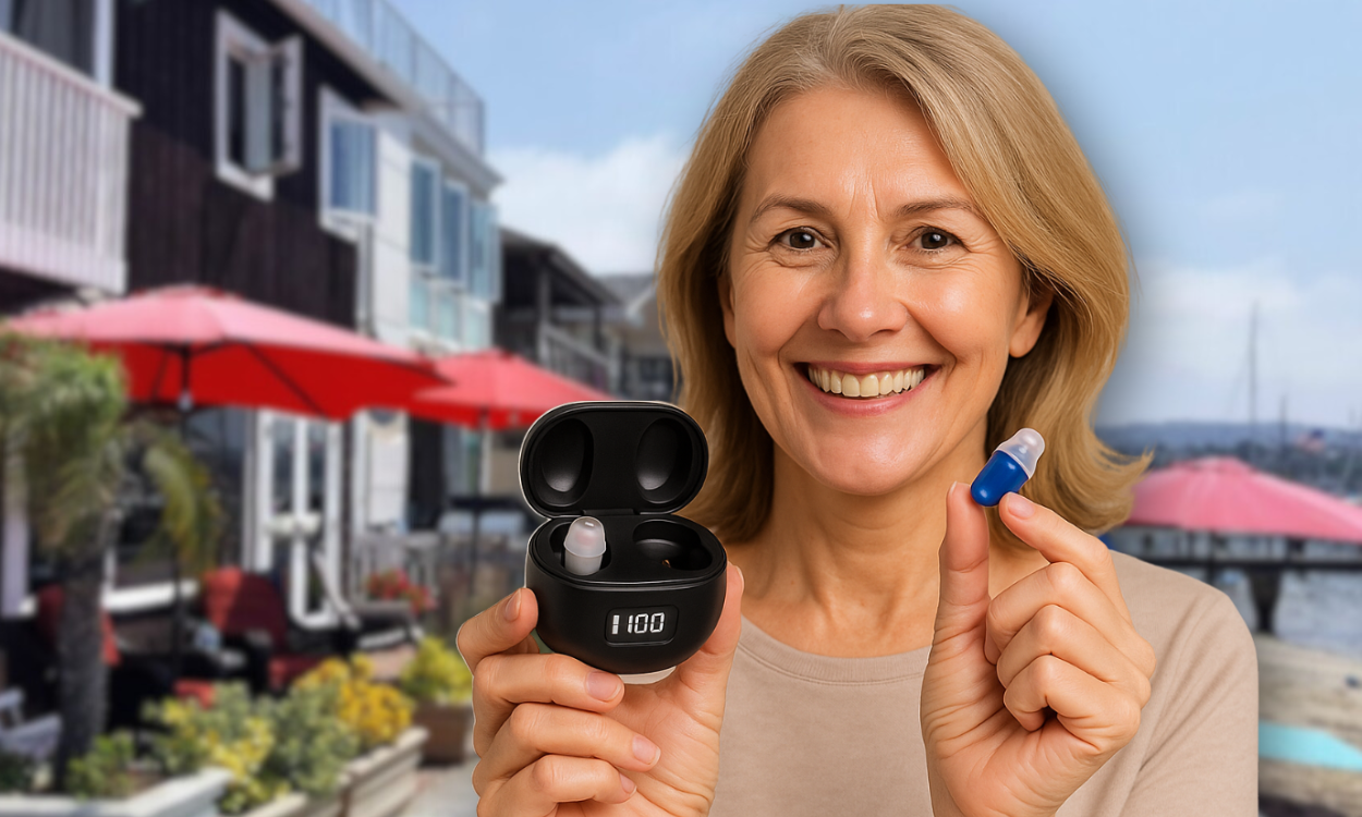Senior woman smiling with H2Go+ hearing device